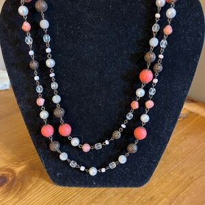 Vintage long multi-bead necklace bronze chain & crystal post back earrings 45”